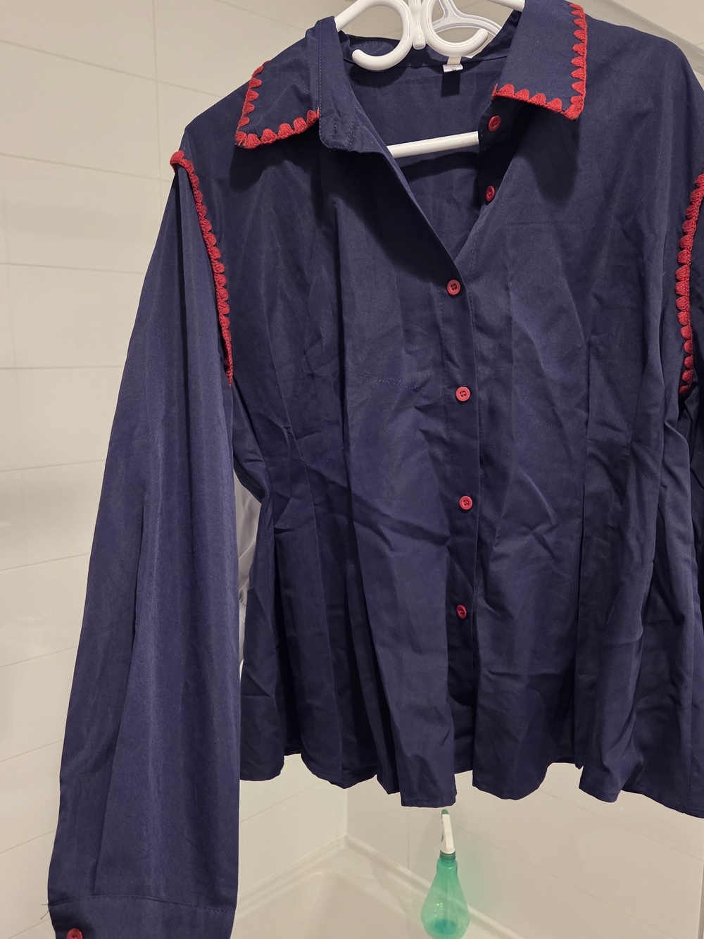 Navy Button-Front Women’s Top with Red Trim